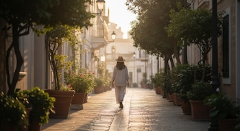 Vista trasera de una persona con sombrero y ropa clara caminando por una calle empedrada mediterránea, flanqueada por macetas y árboles bajo el sol.