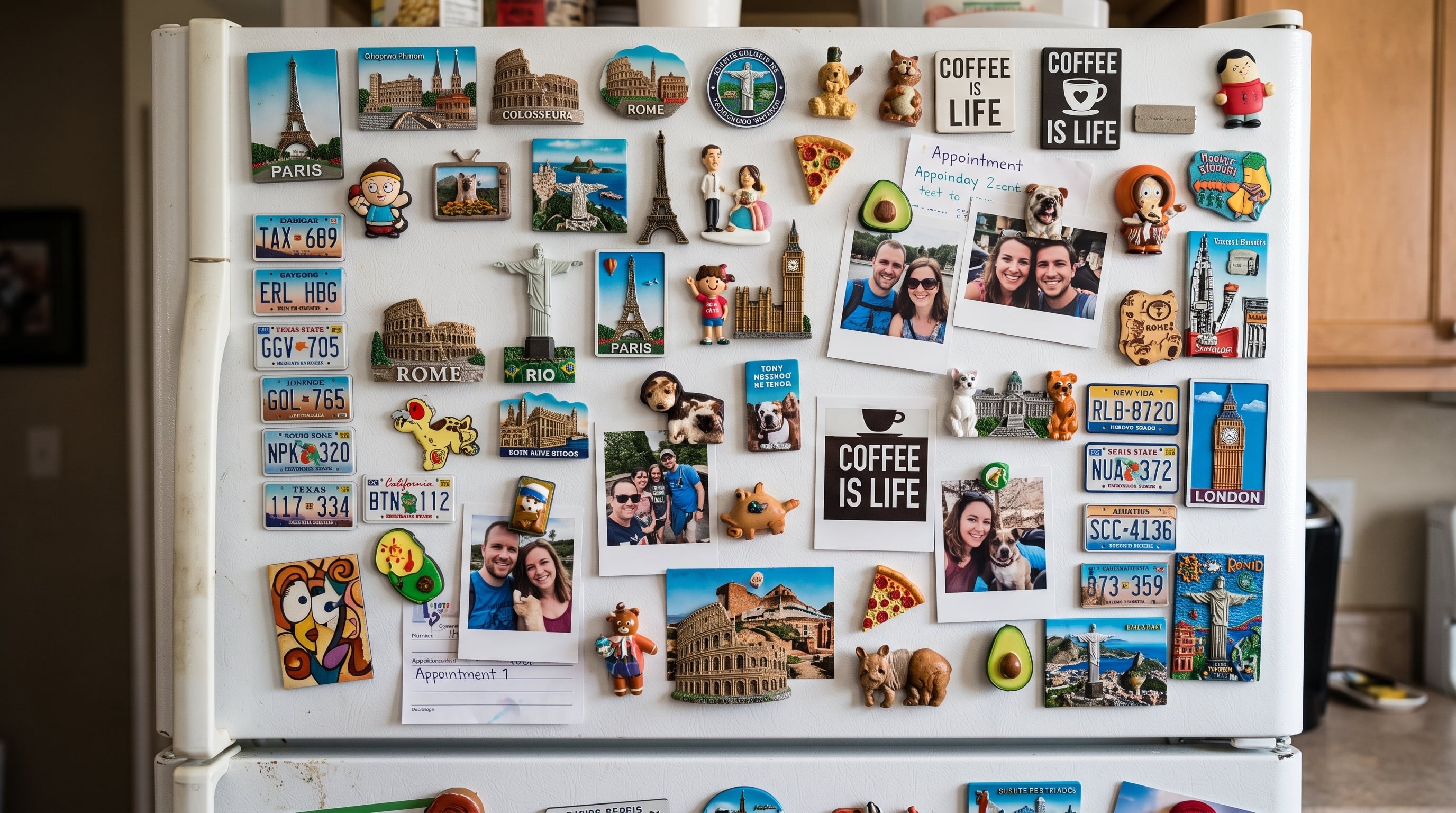 Diversos imanes de monumentos turísticos, fotografías instantáneas de momentos personales y pequeñas notas decoran la puerta de un refrigerador doméstico. (Imagen Ilustrativa Infobae)