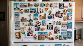 Puerta de refrigerador blanco con imanes de monumentos turísticos, fotografías instantáneas, placas en miniatura y notas en papel.