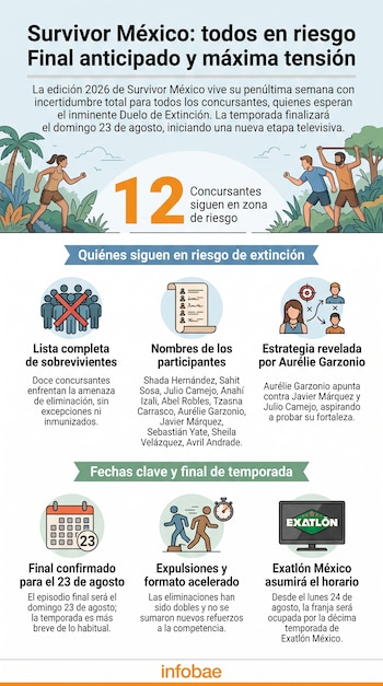 Infografía de Survivor México 2026 con título, texto introductorio, doce concursantes en riesgo, lista de nombres y fechas clave.