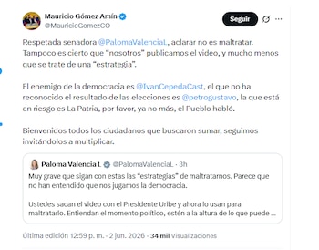 Mauricio Gómez Amín, jefe de debate de Abelardo de la Espriella, respondió a señalamientos de Paloma Valencia - crédito @MauricioGomezCO/X