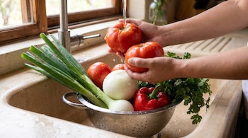 Manos lavando tomates bajo el grifo, con un colador lleno de cebolla cabezona blanca, cebolla larga, pimentón rojo y cilantro en un fregadero de cocina.