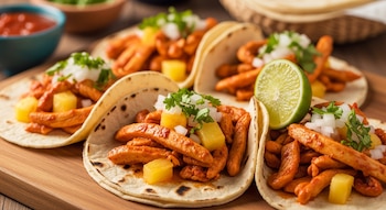 Cinco tacos de pollo al pastor sobre tortillas de maíz en una tabla de madera. Contienen tiras de pollo rojizas, piña, cebolla, cilantro y una rodaja de lima.