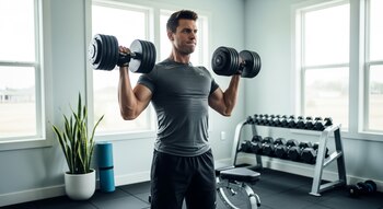 Un hombre levanta mancuernas ajustables en un gimnasio doméstico. Se ven ventanas, una planta y un estante de pesas con varios pares de mancuernas.