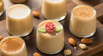 Primer plano de varias mini gelatinas de mazapán en vasos pequeños, una decorada con una rosa de mazapán rosa y hojas verdes, otras con canela, sobre madera.