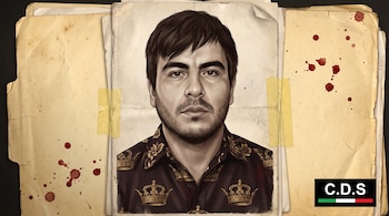 Ilustración de Cristhian Guadalupe Pérez Pérez, hombre con camisa oscura de coronas, sobre papeles con cinta adhesiva y manchas rojas. Símbolo C.D.S.