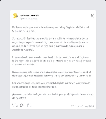 Captura de pantalla de un tuit de la cuenta oficial de Primero Justicia, rechazando la propuesta de aumentar el número de magistrados del Tribunal Supremo