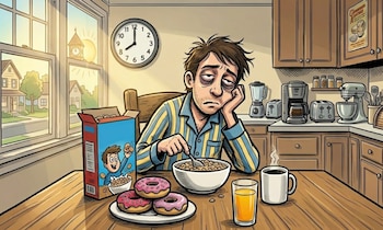 Un hombre somnoliento con pijama a rayas come cereales en una cocina, con donuts, café, zumo y un reloj marcando las 8 AM al fondo