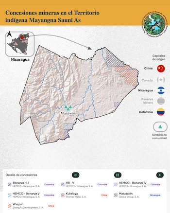 El territorio del pueblo Mayangna, tiene 7 concesiones mineras que ocupan el 8.31% de sus 163,810 hectáreas. (Imagen: Fundación del Río)