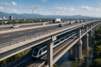 Un viaducto de concreto de dos niveles sobre un río con vehículos en el nivel superior y un tren en el nivel inferior.