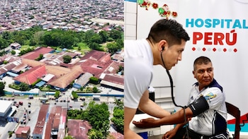 Vista aérea de un hospital con techos rojos junto a un médico que mide la presión arterial a un paciente frente a un cartel