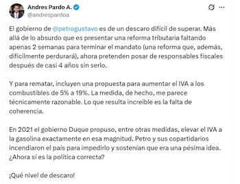 Andrés Partdo, exviceministro de Hacienda, tildó al Gobierno de descarado por la nueva reforma tributaria - crédito @AndresPardoA/X