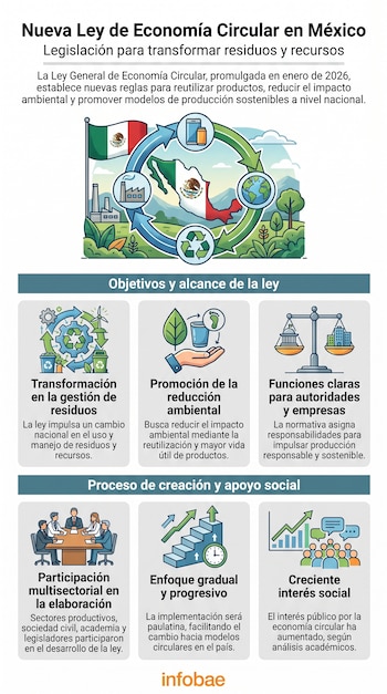 Infografía de la Ley de Economía Circular en México, con mapa del país, símbolos de reciclaje, fábrica, dinero, personas, reloj, gráfico y logo de Infobae.