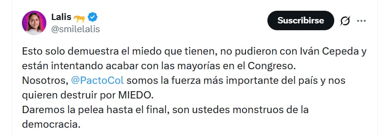 La influencer cuestionó la petición expresa por el registrador Nicolás Farfán - crédito @smilelalis/X