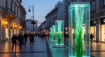 Una calle urbana de Serbia al atardecer con personas caminando. Múltiples columnas transparentes con líquido verde burbujeante alinean la acera iluminada.