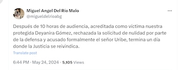 Miguel Ángel del Río, abogado de Deyanira Gómez, celebró las decisiones tomadas en la audiencia contra el expresidente Álvaro Uribe - crédito @migueldelrioabg/X