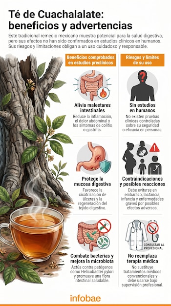 Árbol, taza de té humeante, texto 'Té de Cuachalalate: beneficios y advertencias'. Columnas con íconos de intestino, estómago, personas, bata médica. Logotipo Infobae.