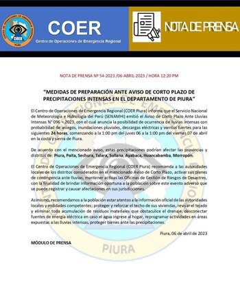 precipitaciones volverán a presentarte en Piura.