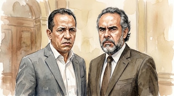 Acuarela de Armando Benedetti (izquierda) y Alexander López Maya (derecha) con semblantes disgustados, vestidos con trajes formales.