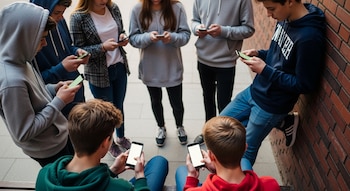 Jóvenes con los rostros no visibles, concentrados en sus teléfonos móviles. Visten ropa casual. Entorno urbano con pared de ladrillo y suelo de cemento.