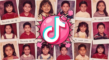 Un collage de 14 fotografías verticales de niños latinoamericanos de los años 90 y 2000, con un gran logo rosa de TikTok en el centro que parece una bomba.