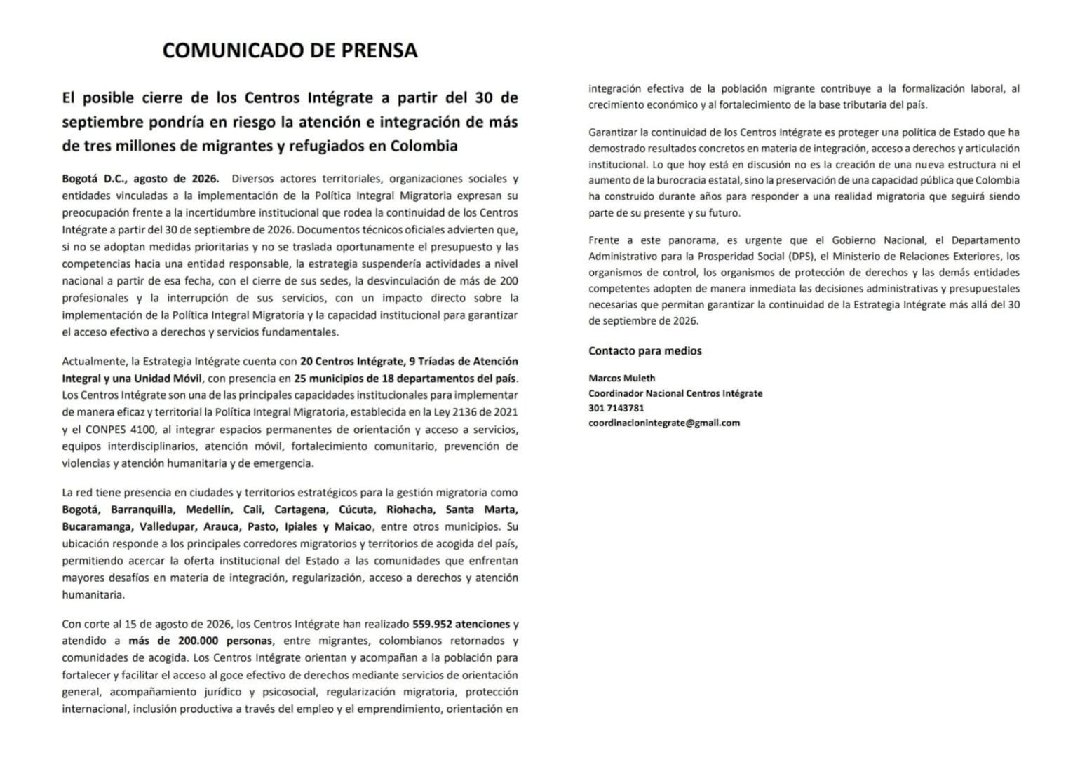 El comunicado señala que Colombia alberga actualmente a más de tres millones de personas migrantes, además de una población retornada en crecimiento - crédito Centros Intégrate