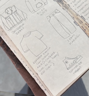 Primer plano de cuaderno con bocetos a mano de ropa: chaqueta jean, buzo gris, jean marrón, remera blanca y Converse negras, con notas en español