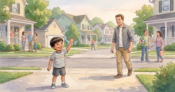 Ilustración de un niño que saluda con la mano a un adulto en una calle con casas unifamiliares, aceras, árboles y varios transeúntes