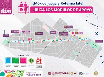 Mapa de la Ciudad de México con la ubicación de pantallas de fútbol, sanitarios y módulos de atención ciudadana en Paseo de la Reforma