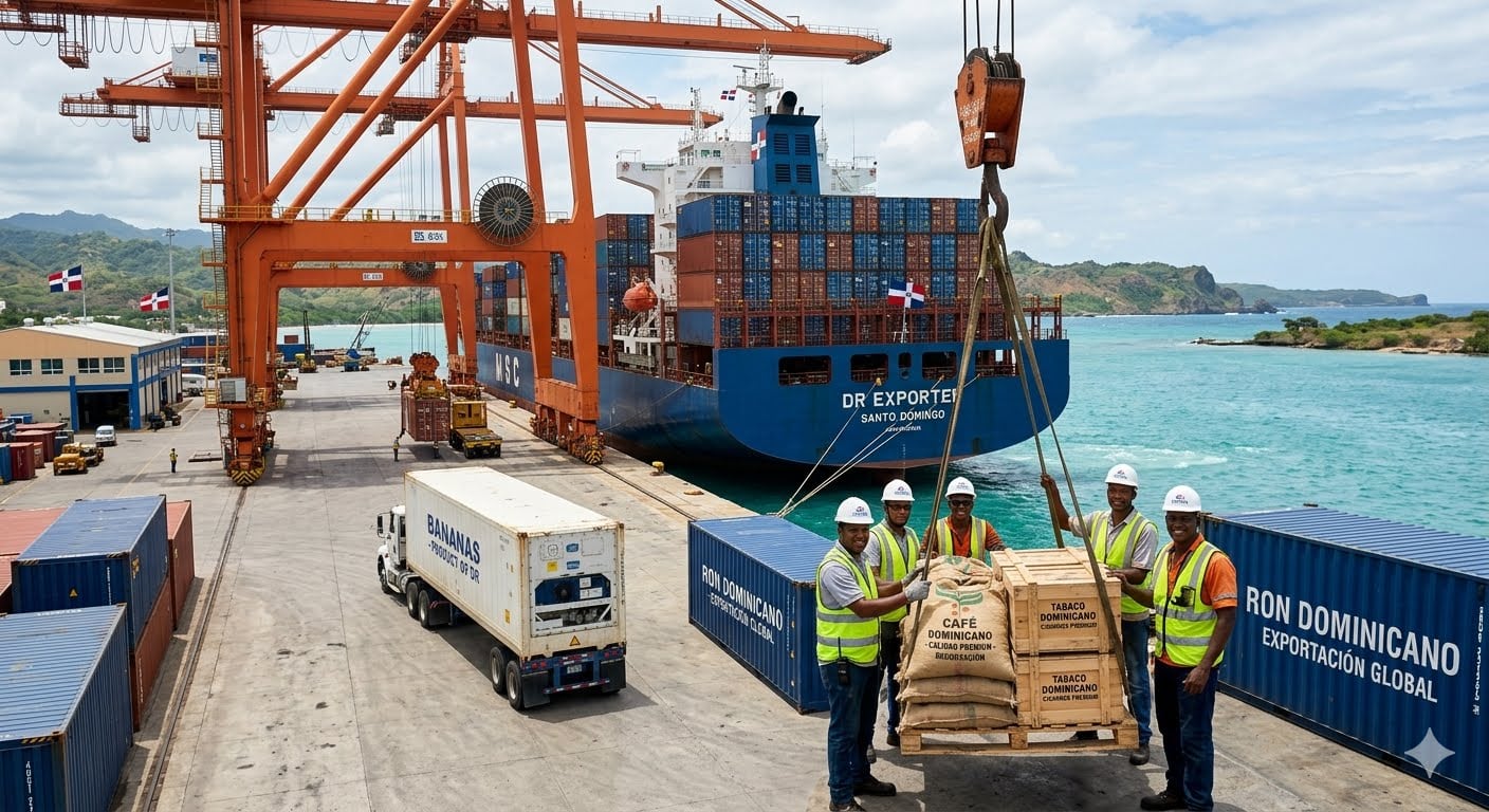Las exportaciones de República Dominicana sumaron 2.308 millones de dólares entre enero y abril de 2026 y crecieron 48 % interanual, según Adoexpo. (Visuales IA)