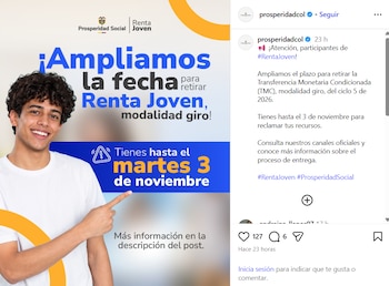 Publicación digital con un joven sonriente que señala un texto sobre la ampliación de fecha para el programa Renta Joven de Prosperidad Social