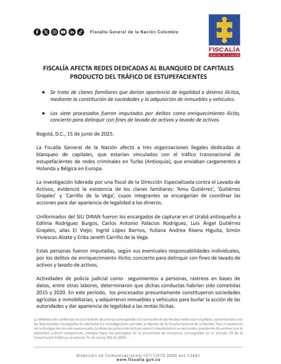 Comunicado de la Fiscalía sobre las 7 personas judicializadas - crédito Fiscalía