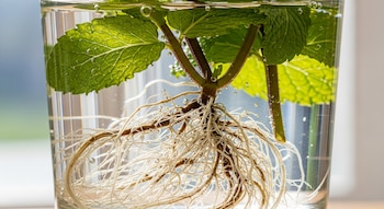 Primer plano de una planta de menta en un vaso de agua. Se ven hojas verdes, tallos marrones y una densa red de raíces blancas bajo el agua con burbujas.