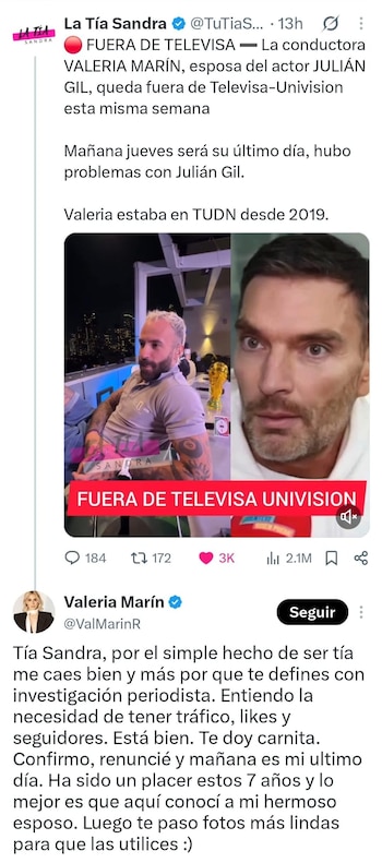 Captura de pantalla de X: un tuit con imagen de dos hombres y un trofeo dorado, y un segundo tuit con texto de Valeria Marín