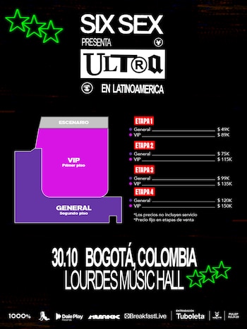 La venta general de entradas para Six Sex en Bogotá comenzará el 1 de septiembre de 2026 por Tuboleta y el ingreso será solo para mayores de 18 años - crédito cortesía Breakfast Live