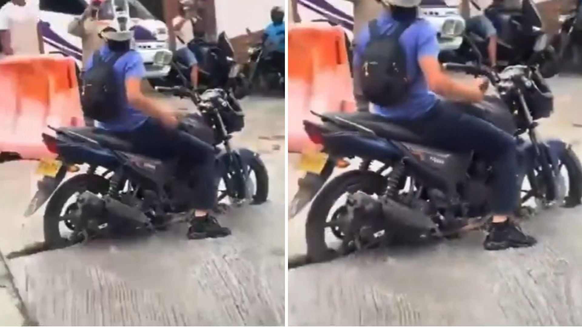 Un motociclista quedó atrapado en cemento fresco por ingresar a una vía cerrada en San Gil, Santander: todo quedó en video
