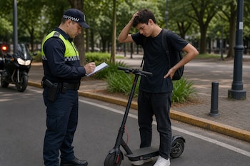 Un policía con uniforme escribe en una libreta frente a un joven parado junto a un monopatín eléctrico en una calle.