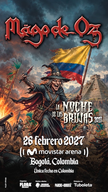 Afiche promocional con el logo de Mägo de Oz, un mapa de distribución del recinto Movistar Arena, precios de entradas y la fecha del evento