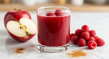Primer plano de un vaso de jugo de frambuesa con frambuesas, manzana entera y cortada, y canela en polvo sobre una encimera de mármol en una cocina.