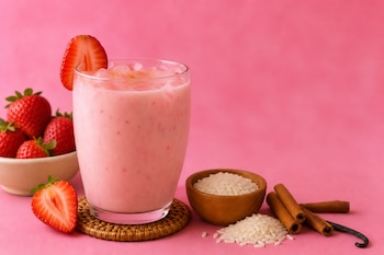 Vaso con bebida rosada y rodaja de fresa, un cuenco con fresas, arroz en grano, varas de canela y una vaina de vainilla.