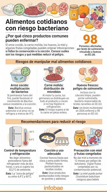 Infografía sobre riesgos bacterianos que ilustra arroz, carne molida, huevos, miel y frutas congeladas con textos explicativos y recomendaciones.