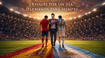 Antonio Banderas sonríe mientras camina abrazado a dos futbolistas de espaldas en un estadio, el campo pintado con las banderas de España y Argentina, con un cielo anaranjado y luces brillantes.
