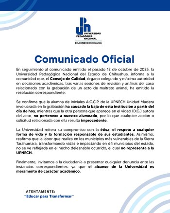 Comunicado oficial emitido por la