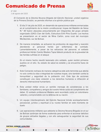 Comunicado sobre la muerte de