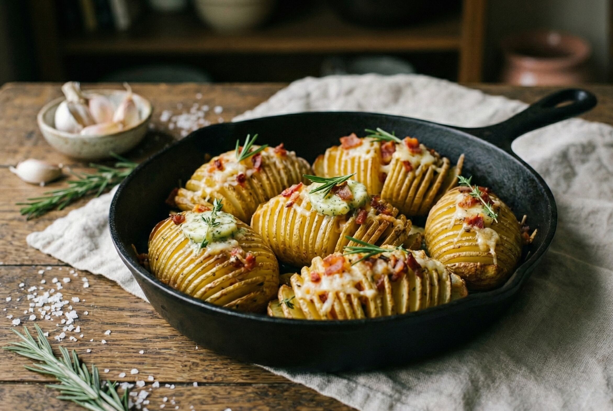 Las papas hasselback combinan lo crocante y lo tierno en una presentación vistosa ideal para sorprender en reuniones o comidas informales (Imagen ilustrativa de Infobae)