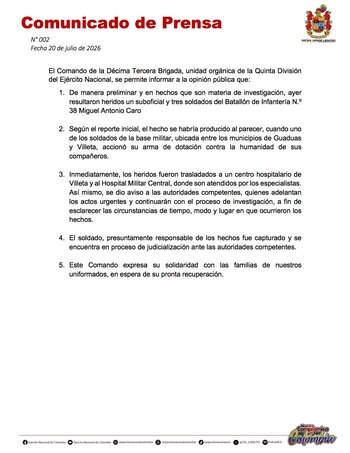 Los militares heridos fueron trasladados a un centro hospitalario de Villeta y al Hospital Militar Central para recibir atención especializada - crédito Ejército