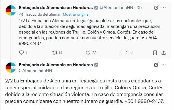 La violencia registrada en Honduras ya comienza a generar reacciones diplomáticas internacionales. (FOTO: X)