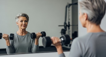 Mujer de cabello gris en camisa gris claro levanta mancuernas frente a un espejo en el gimnasio, su reflejo visible de frente.