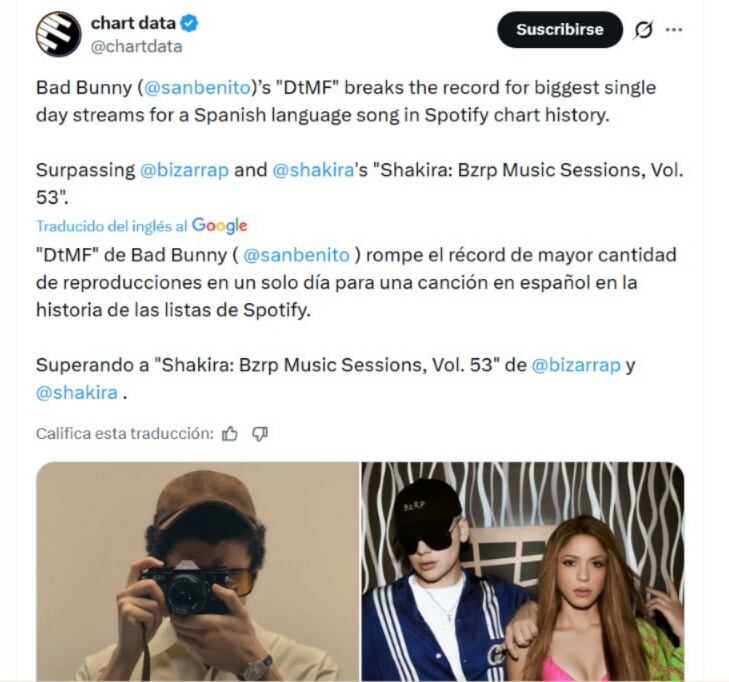 Bad Bunny le quita un segundo record a Shakira luego de que 'Dtmf' superara en un solo día la marca de 16 millones de reproducciones en Spotify - crédito @chartdata / X