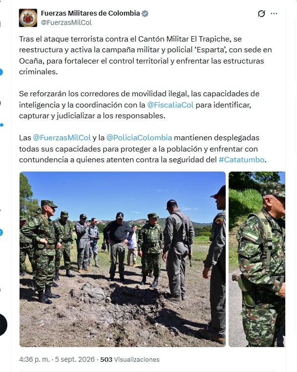 Debido al ataque terrorista contra el Cantón Militar El Trapiche, se ordenó la reestructuración y activación de la campaña militar y policial ‘Esparta’, con sede en Ocaña - crédito @FuerzasMilCol/X